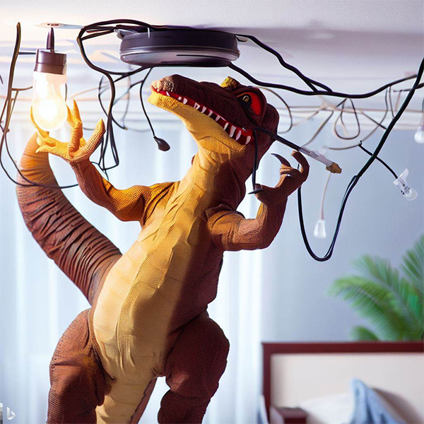 AI Dinosaur Electrician Replacing Wired Ceiling Lamp in a Bedroom Example 1