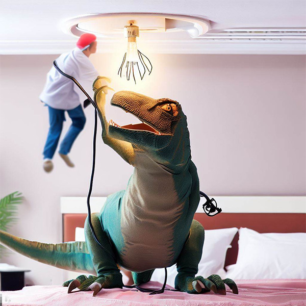 AI Dinosaur Electrician Replacing Wired Ceiling Lamp in a Bedroom Example 2