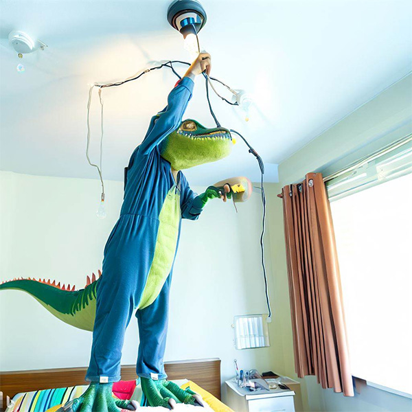 AI Dinosaur Electrician Replacing Wired Ceiling Lamp in a Bedroom Example 3
