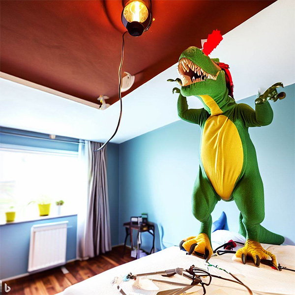 AI Dinosaur Electrician Replacing Wired Ceiling Lamp in a Bedroom Example 4