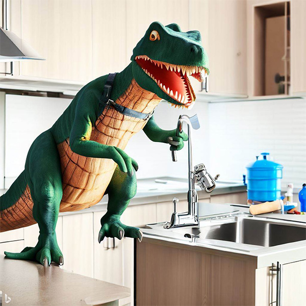AI Dinosaur Plumber Replacing Kitchen Sink in a Modern House Example 1