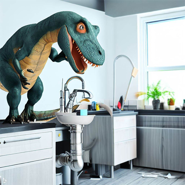 AI Dinosaur Plumber Replacing Kitchen Sink in a Modern House Example 2