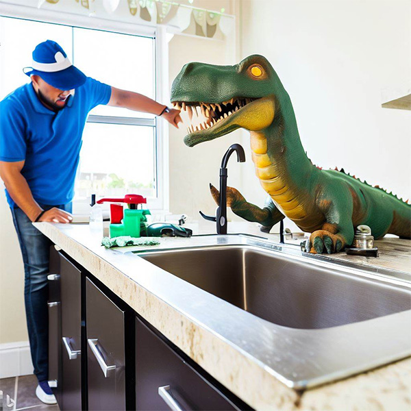 AI Dinosaur Plumber Replacing Kitchen Sink in a Modern House Example 3