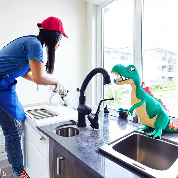 AI Dinosaur Plumber Replacing Kitchen Sink in a Modern House Example 4