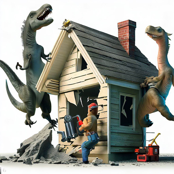 AI Dinosaur Using Power Tools to Repair a House Example 1