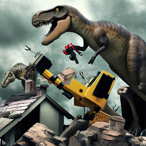 AI Dinosaur Using Power Tools to Repair a House Example 3