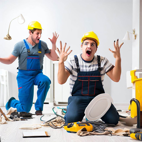 AI Electrician cleaning up a mess while a shocked plumber watches Example 1