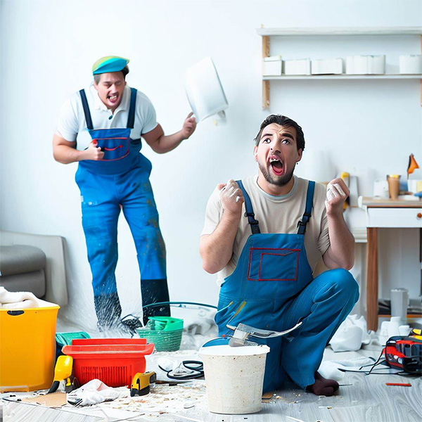 AI Electrician cleaning up a mess while a shocked plumber watches Example 2