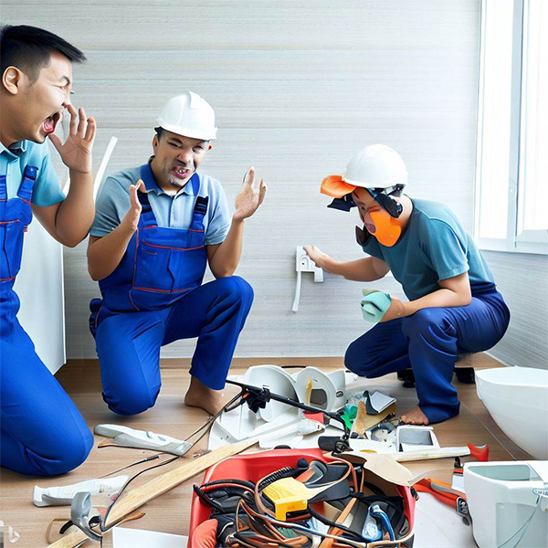 AI Electrician cleaning up a mess while a shocked plumber watches Example 3