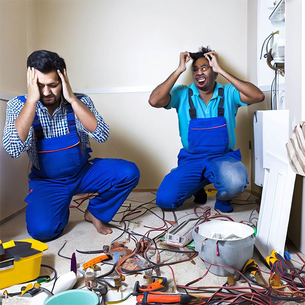 AI Electrician cleaning up a mess while a shocked plumber watches Example 4