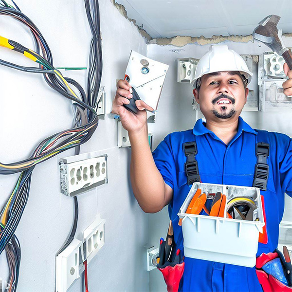 AI Electricians with tools surprised to fund wiring junction boxes covered in drywall Example 1