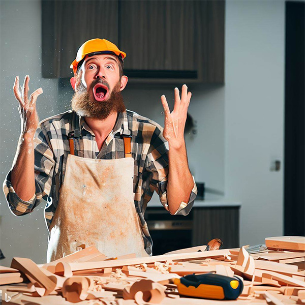AI Woodworker surprised at the size of a mess after cutting the wood for kitchen cabinets Example 2