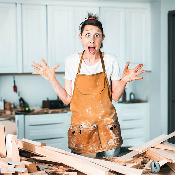 AI Woodworker surprised at the size of a mess after cutting the wood for kitchen cabinets Example 3