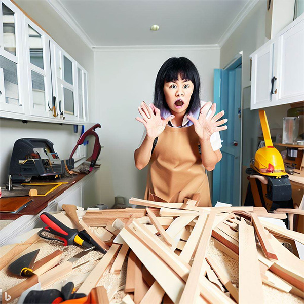 AI Woodworker surprised at the size of a mess after cutting the wood for kitchen cabinets Example 4