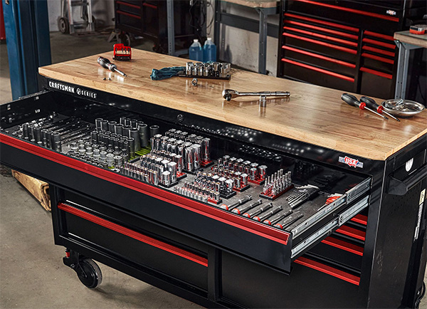 Craftsman V-Series Mobile Workstation with Open Top Drawer Filled with Tools