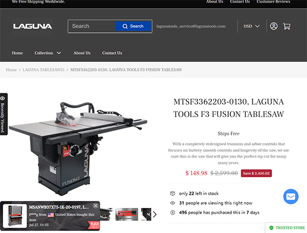 Fake Laguna Tools Website Table Saw Deal Scam