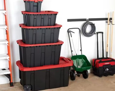Husky Latch and Stack Tote Bins in a Tower